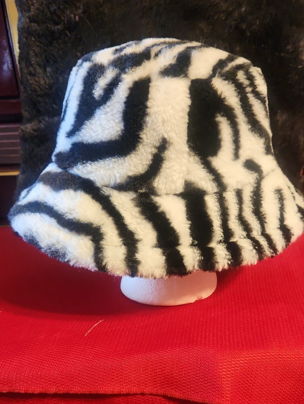 Faux Fur Black and White Zebra Bucket Hat - Women's Accessories